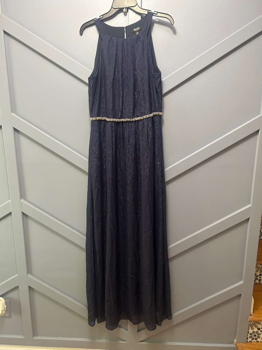 SLNY Navy Blue Beaded Waist Evening Gown